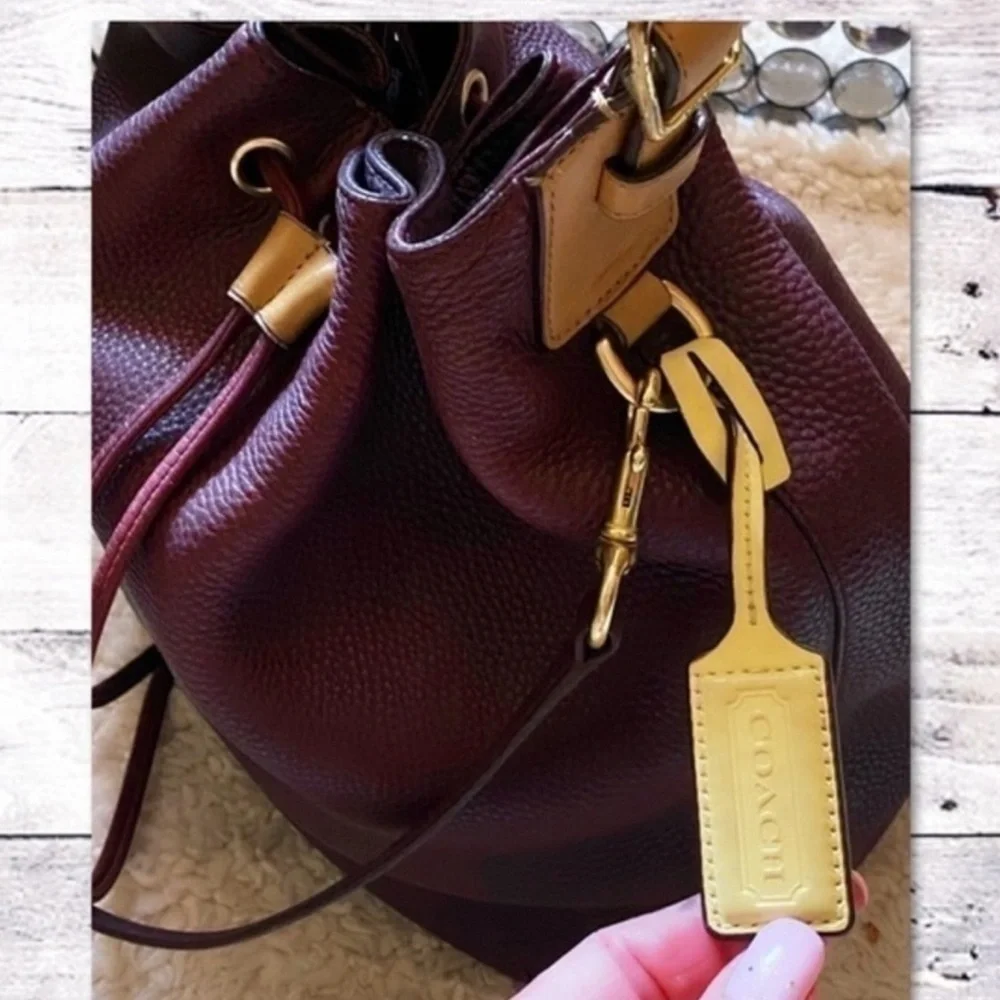 COACH EGGPLANT DRAWSTRING PEBBLED LEATHER BUCKET HOBO BAG